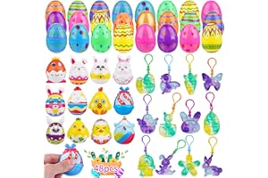 Zivilic Easter Basket Stuffers 48 Pcs Prefilled Easter Eggs with Toys Inside Filled Stuffed Easter Eggs with 12 Pop Keychain & 12 Squishy Slow Rising Toys for Easter Party Favors Classroom Exchange