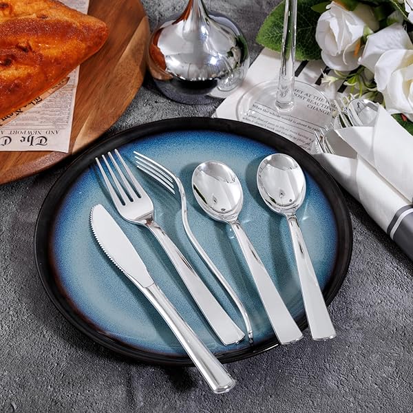 JOYIDO 100PACK WRAPPED SILVER PLASTIC SILVERWARE SETS – HEAVY DUTY PLASTIC SILVERWARE INCLUDE PRE ROLLED DISPOSABLE UTENSILS WITH NAPKINS FOR PARTIES & DINNERS & WEDDINGS