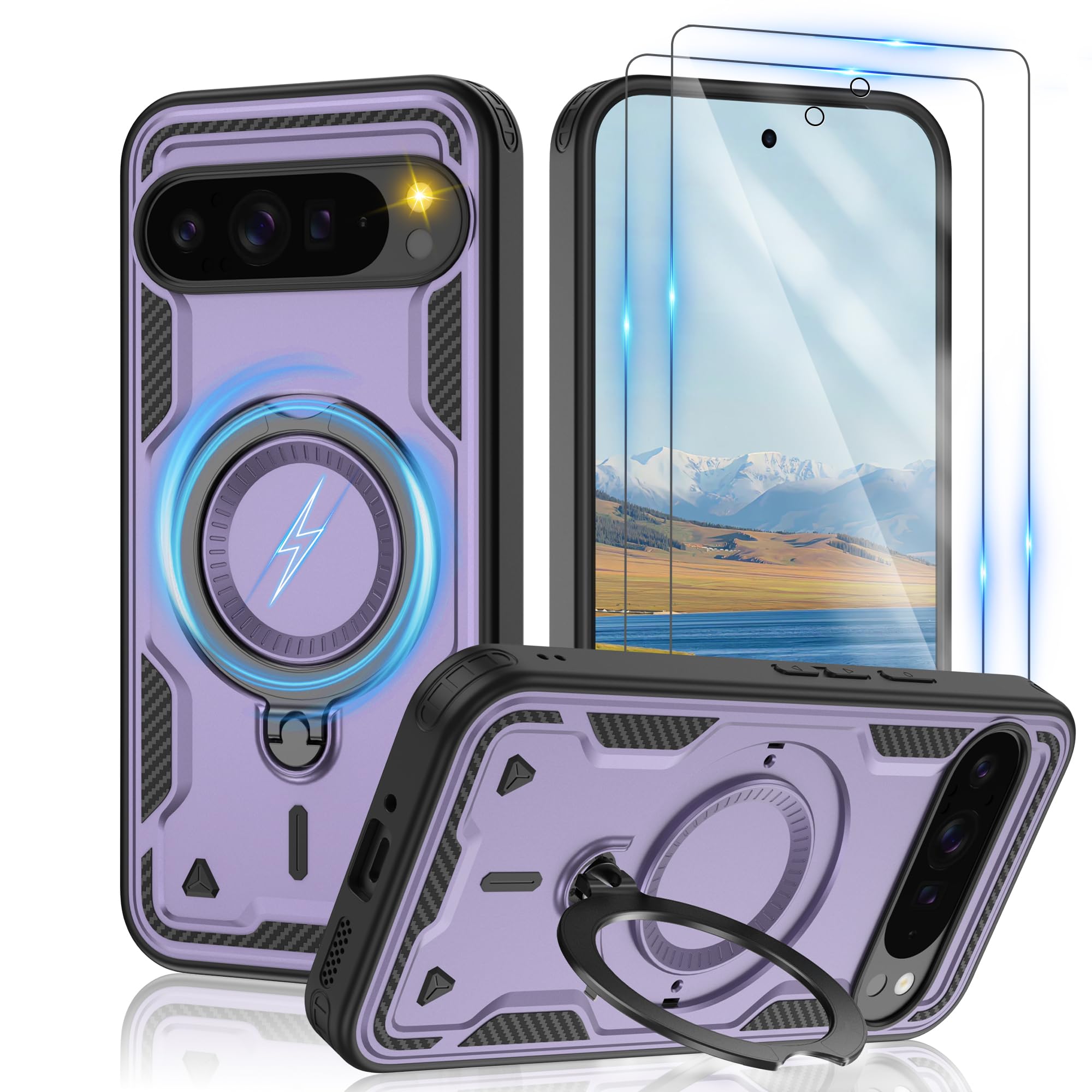 Gritup for Google Pixel 9 Pro XL Case：Compatible with MagSafe & [HD Screen Protector×2],Metal Rotated Kickstand,Military Grade Drop Proof Anti-Fingerprint Protective Pixel 9 Pro XL,Purple