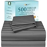 California Design Den - Cotton Sheets for King Size Bed Soft 100% Cotton Sheets Deep Pockets Snug Fit Elastic, 500 Thread Count Sateen, Damask Stripe Bedsheet Set (Grey)
