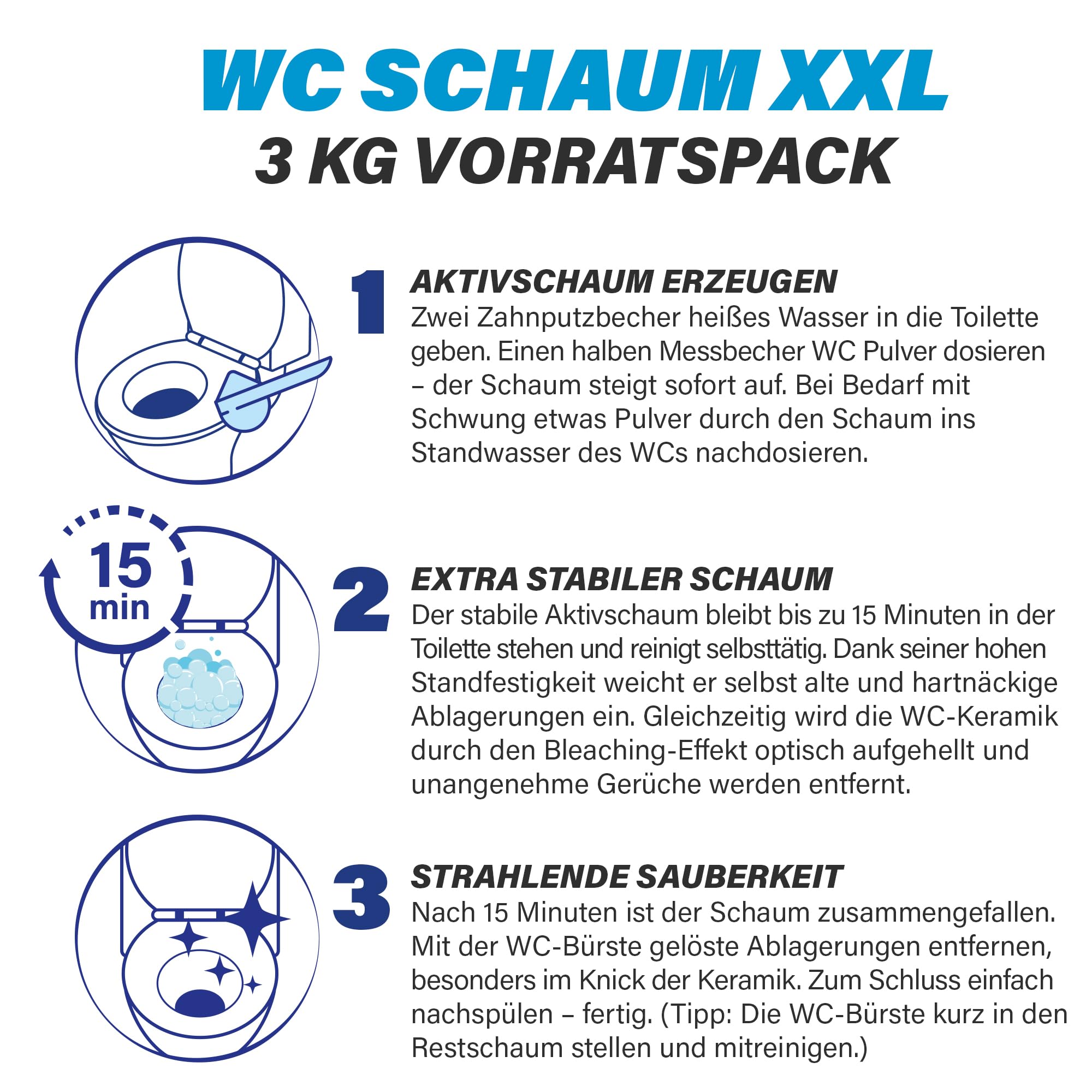 Pastaclean WC Pulver XXL 3 kg – Extra starker WC-Reiniger & Urinsteinentferner mit Pinienöl – Keramikaufheller & Bleaching-Effekt – Kalkreiniger & WC-Schaum gegen Urinstein, Kalk & Ablagerungen 3