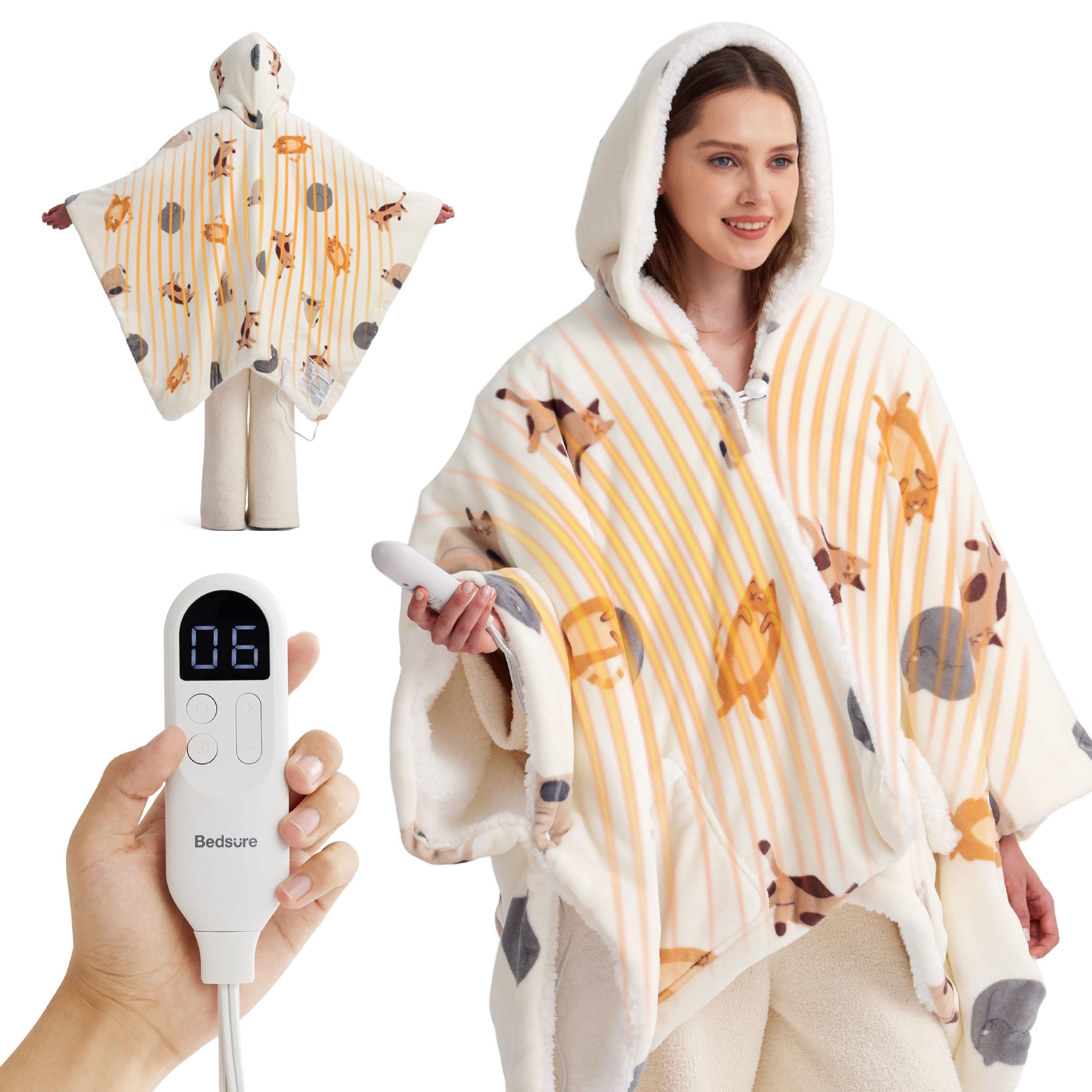 Photo 1 of Bedsure Heated Blanket Wearable Shawl - Electric Wrap Poncho Blanket Hoodie for Adult, Winter Gifts for Mom Women Girlfriend, Warm Sherpa Heating Throw, Auto Shut Off, 55x64 inches, Printed Cat