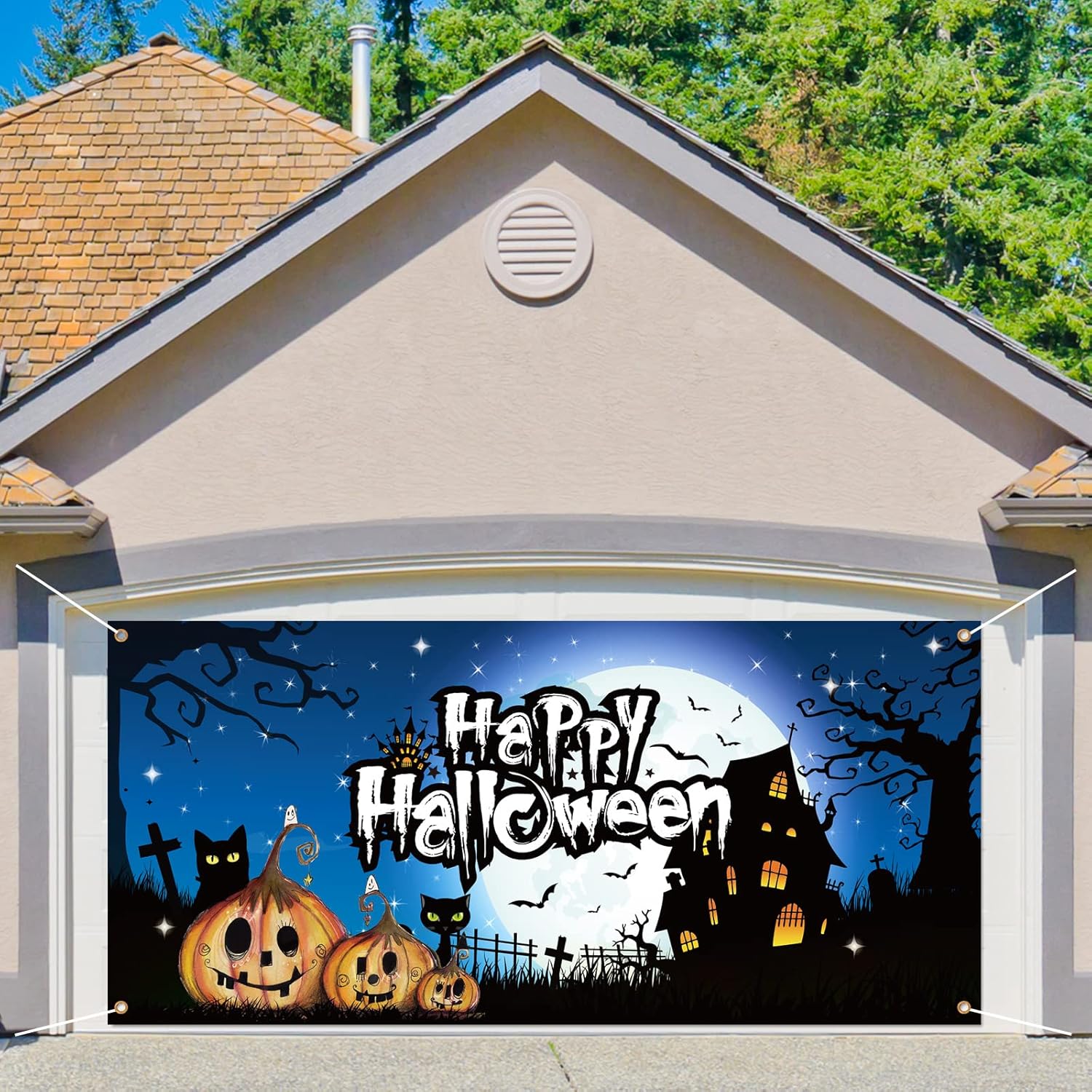 Garage Door Decorations - Whaline Happy Halloween Garage Door Banner Large Halloween Garage Door Cover 6x13Ft Pumpkin Castle Backdrop Decoration Holiday Background Sign for Halloween Indoor Outdoor Wall Door House Decor