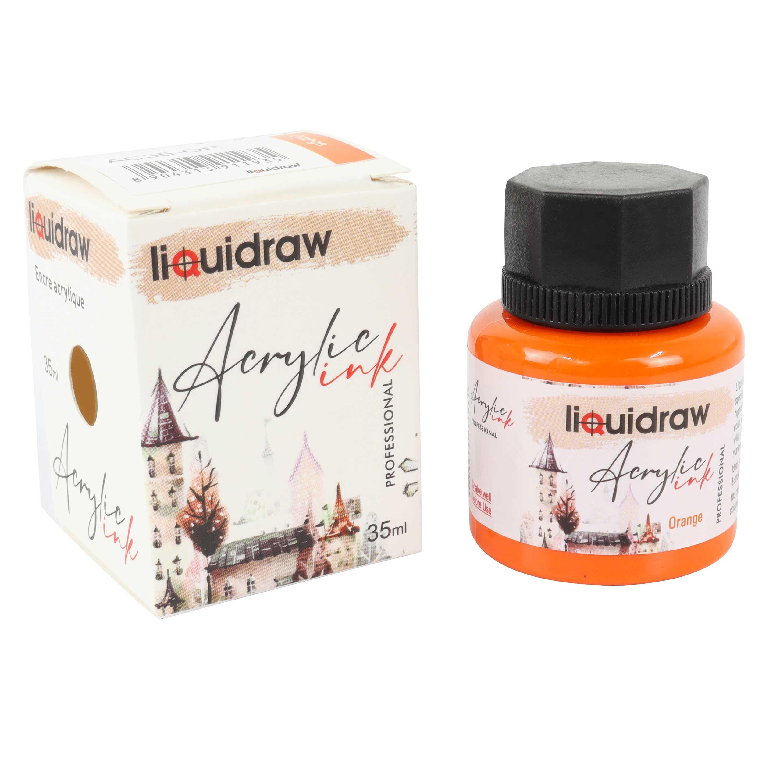 Liquidraw Acrylic Inks for Artists 20 Colours Black White Available Waterproof Ink 35ml Professional for Painting, Drawing, Paints, Art, Brushes, Paper, Board, Canvas, Fabric & Wood (Orange)