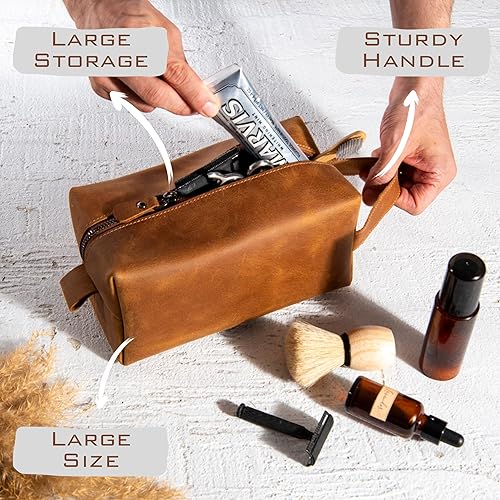 Personalized Leather Toiletry Bag for Men Shaving Dopp Kit with - Main Image