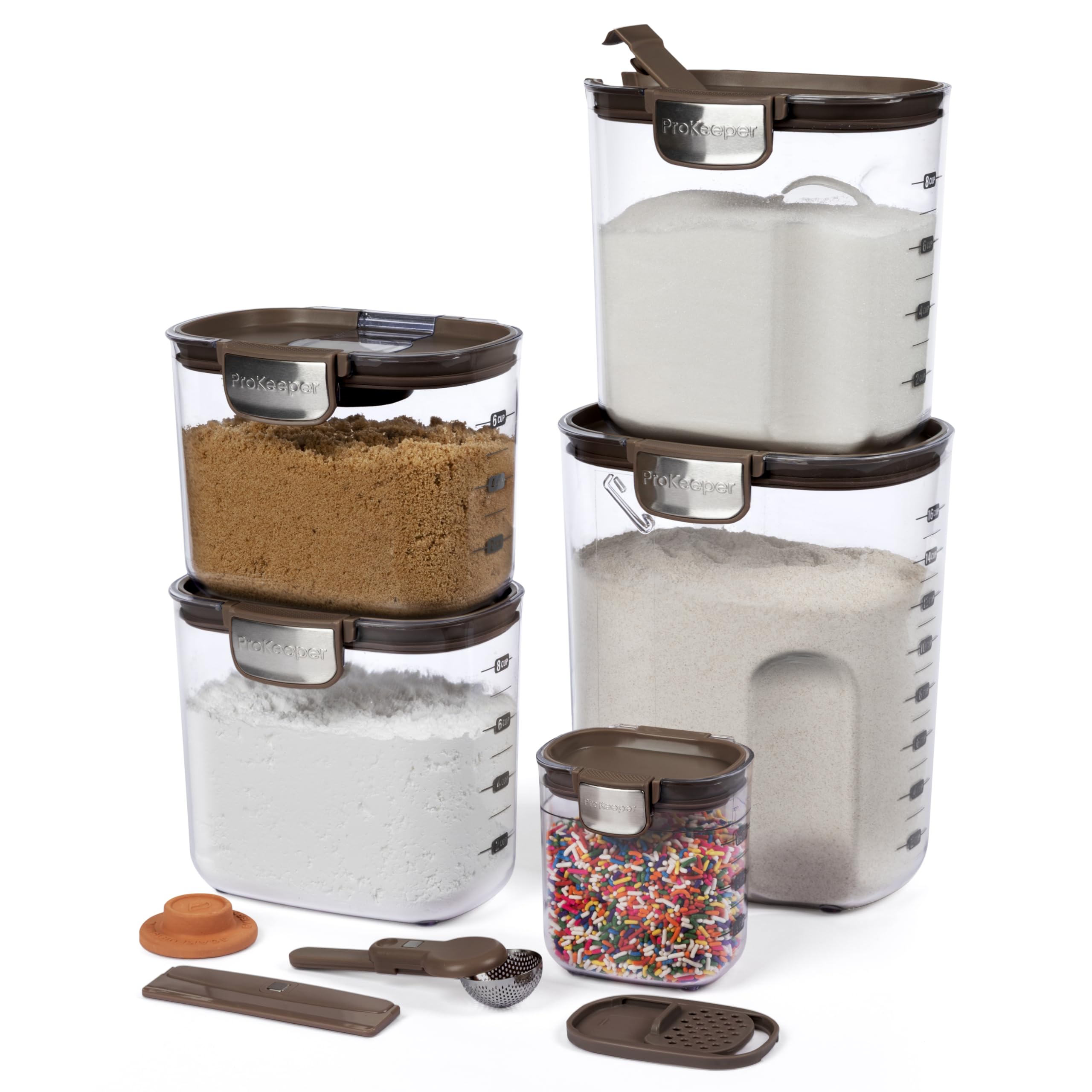 ProKeeper+ Airtight Food Storage Container Set – Clear Plastic Flour and Sugar Canister Set with Magnetic Accessories for Kitchen Organization (Brown, 9-Piece) Image