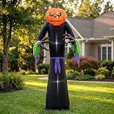 8ft Pumpkin Head Reaper Inflatable Halloween Decoration with LEDs | horror pumpkin head pattern, built-in LED lights, party inflatable decoration, garden, lawn
