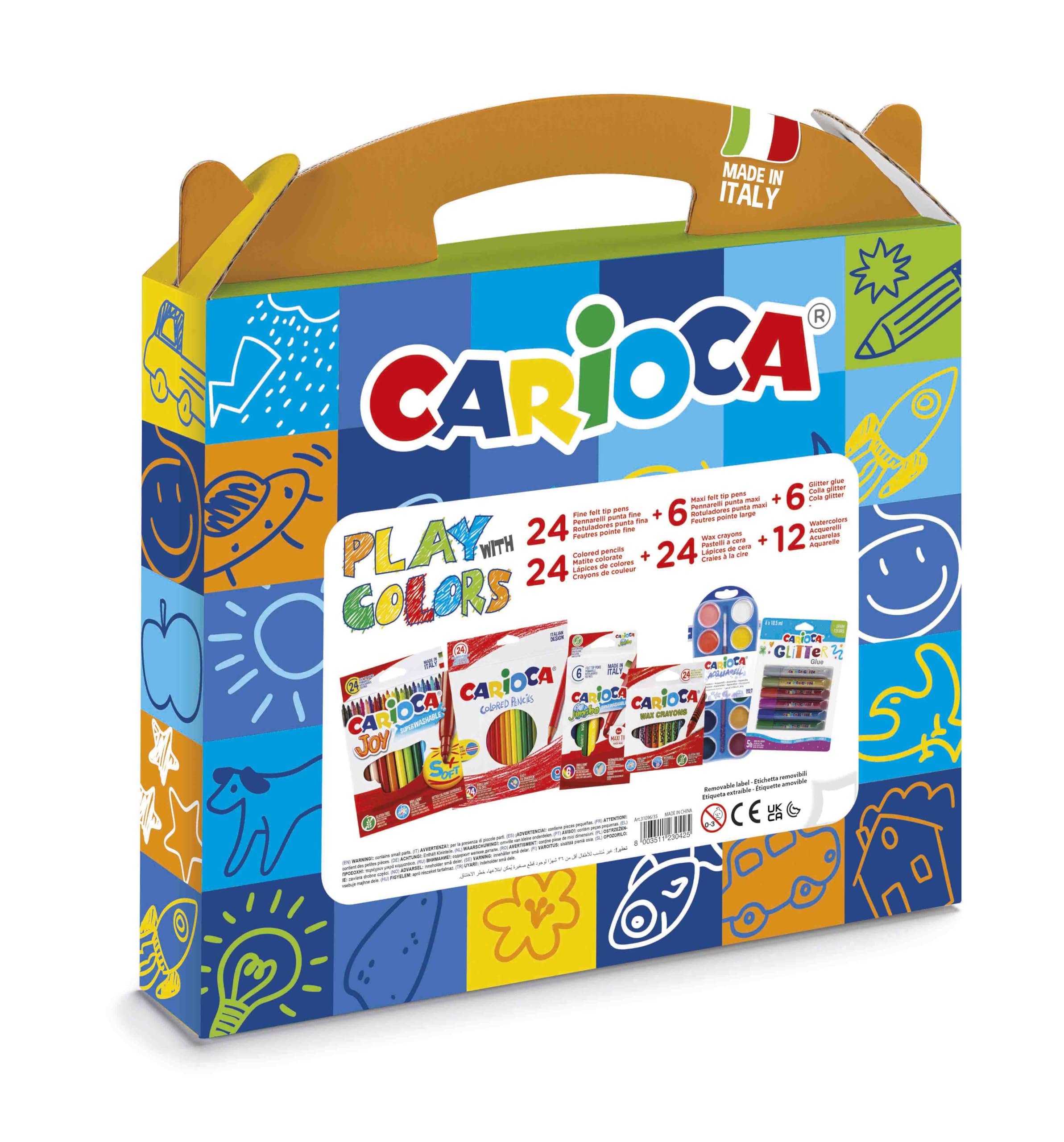 Carioca Play with Colors Color Box | Colour Set with 18 Colour Pencils, 24 Fine Tip Markers, 6 Chunky Tip Markers, 24 Wax Crayons, 12 Watercolours and 6 Glitter Glues 90 pcs