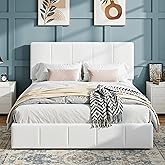 SHA CERLIN Full Size Bed Frame, Velvet Upholstered Platform Bed, Vertical Channel Tufted Adjustable Headboard, Low Profile Bed Frame, No Box Spring Needed, Easy Assembly, White