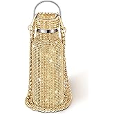 Geiserailie Diamond Water Bottle Bling Rhinestone Stainless Steel Thermal Bottle Refillable Insulated Glitter Water Jug with Chain for Women Girls Gifts(750 ml,Gold)