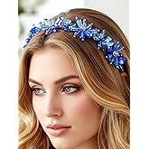 Formery Blue Crystals Headband Wedding Beaded Flower Headpiece Hair Accessories for Women