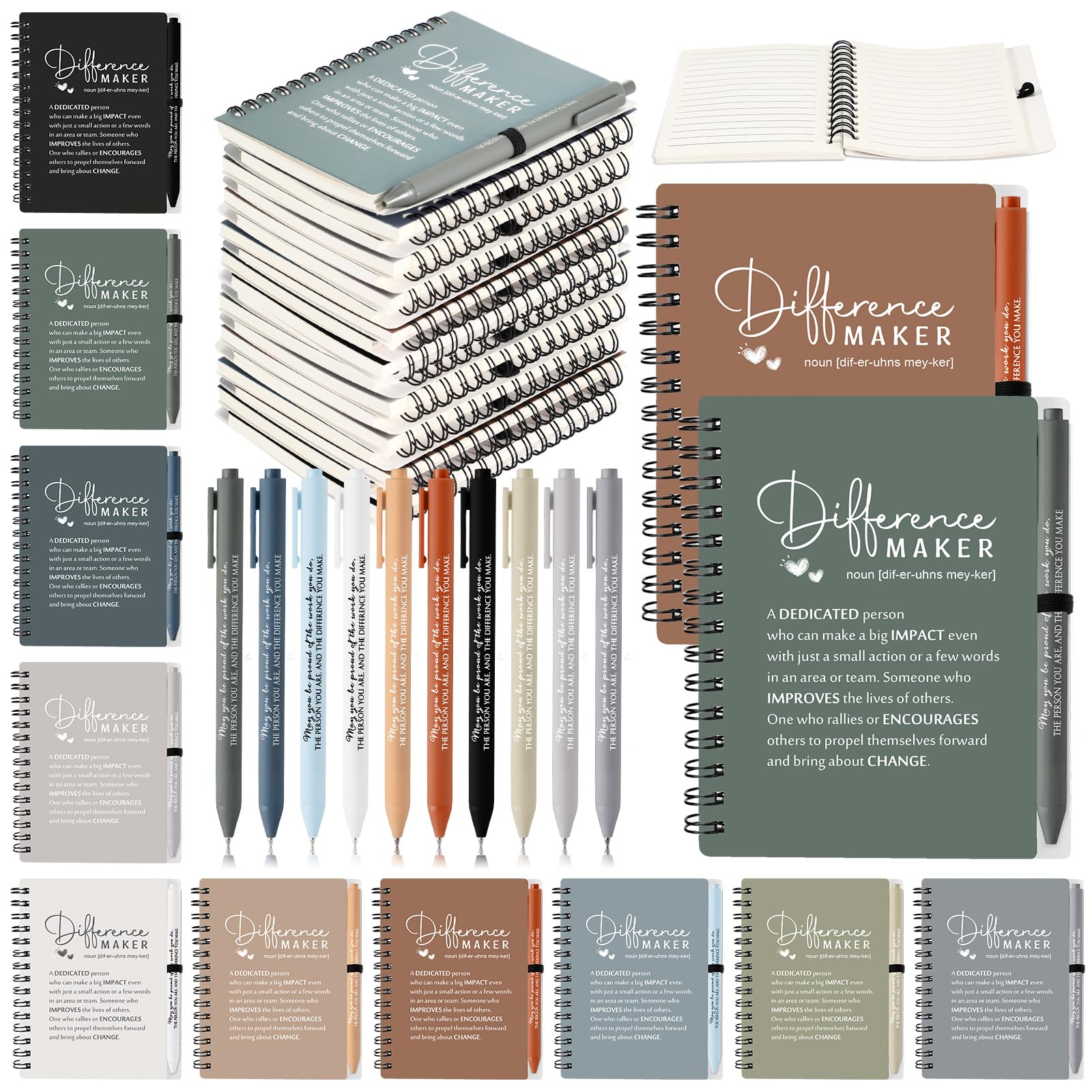 Photo 1 of Resurhang 30 Sets Difference Maker Employee Appreciation Gifts Bulk Inspirational A6 Spiral Notebooks Journal with Ballpoint Pens for Coworker Team Teacher Nurse Housekeeping Week (Neutral Colors)