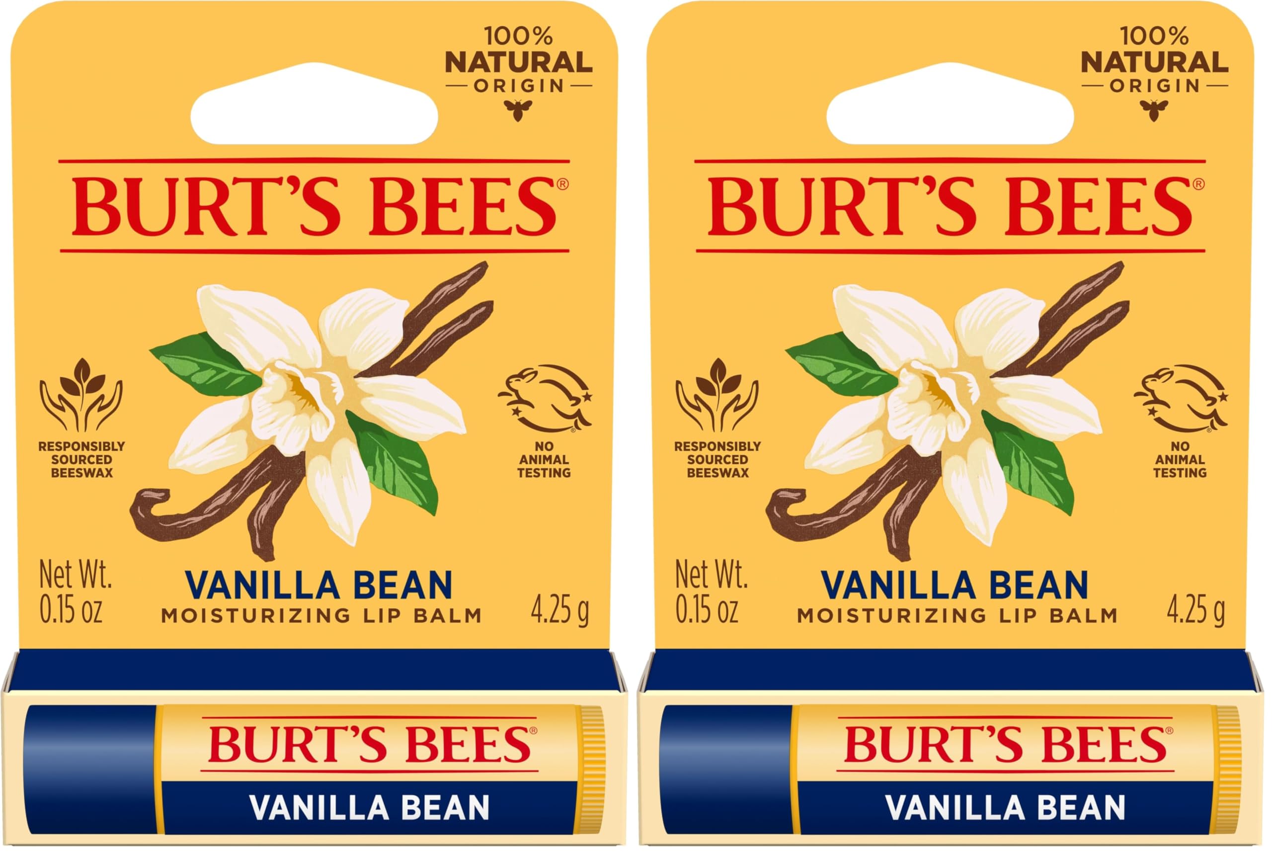 Burt's Bees Lip Balm Vanilla Bean, Moisturising Lip Balm With Beeswax & Vitamin E, 100% Natural Origin, 4.25g (Pack of 2)