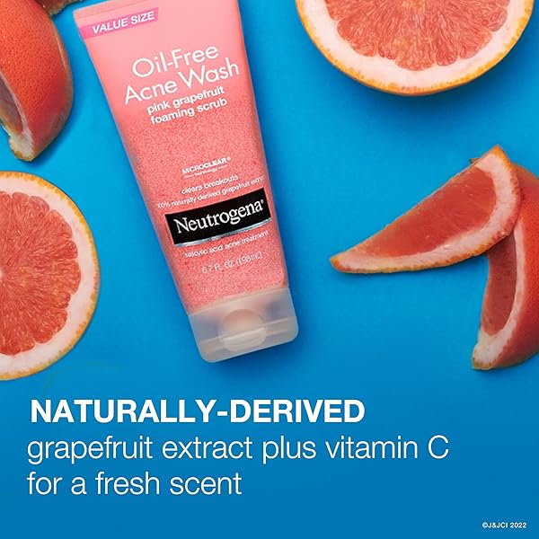 NEUTROGENA OIL FREE PINK GRAPEFRUIT ACNE FACE WASH WITH VITAMIN C, 2% SALICYLIC ACID ACNE TREATMENT, GENTLE FOAMING VITAMIN C FACIAL SCRUB TO TREAT & PREVENT BREAKOUTS, 6.7 FL. OZ
