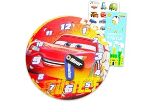 Disney Cars Clock Puzzle Sorting Game for Toddlers, Kids - Learning Toy Bundle with Lightning McQueen Wooden Clock, Stickers, More | Disney Cars Time Telling Teaching Wood Toys