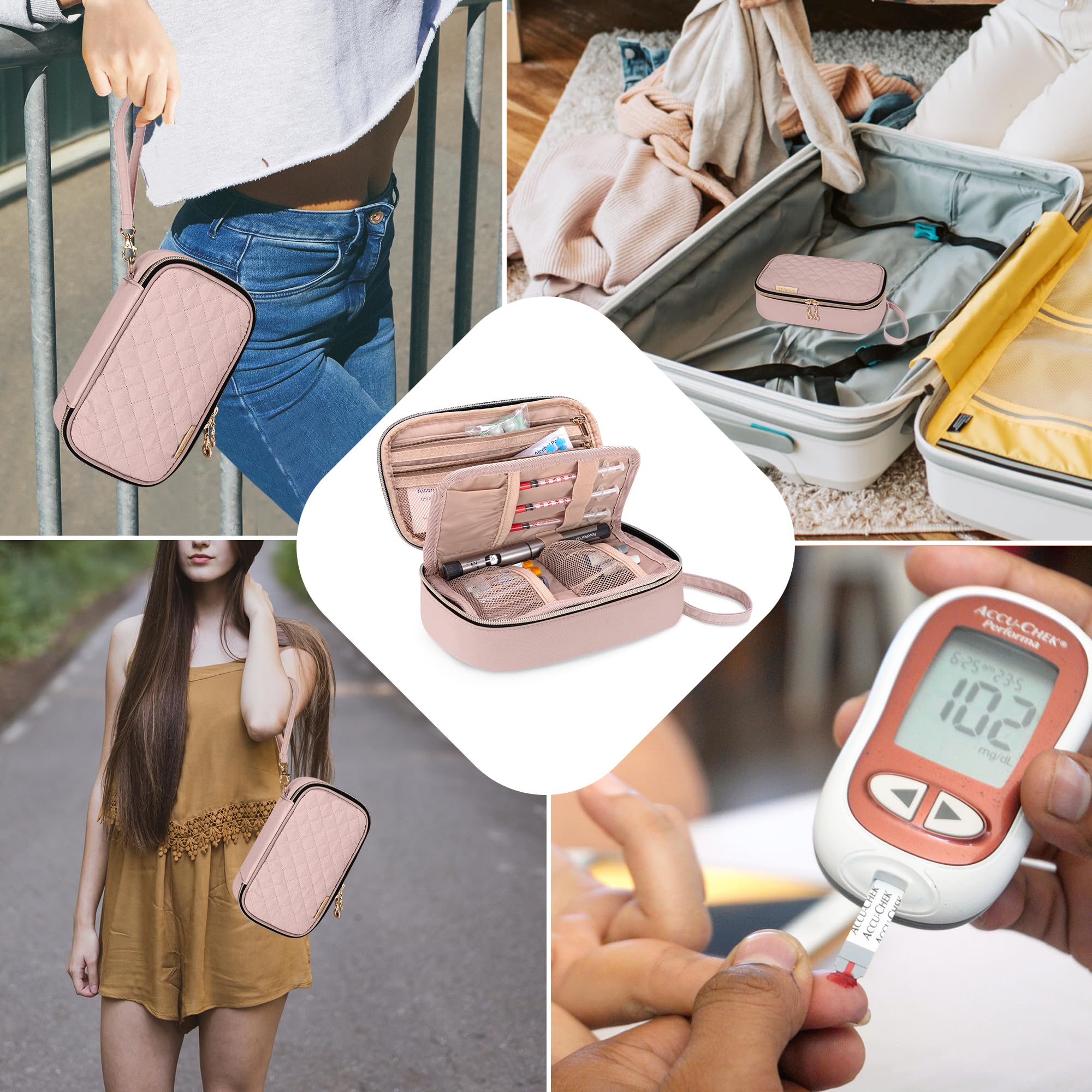 YARWO Diabetic Travel Case for Blood Glucose Monitor, Test Strips, Insulin Syringes, Diabetes Supplies Storage Bag with 2 Detachable and 1 Folding Pouches for Diabetic Care Kits, Dusty Rose (Bag Only)