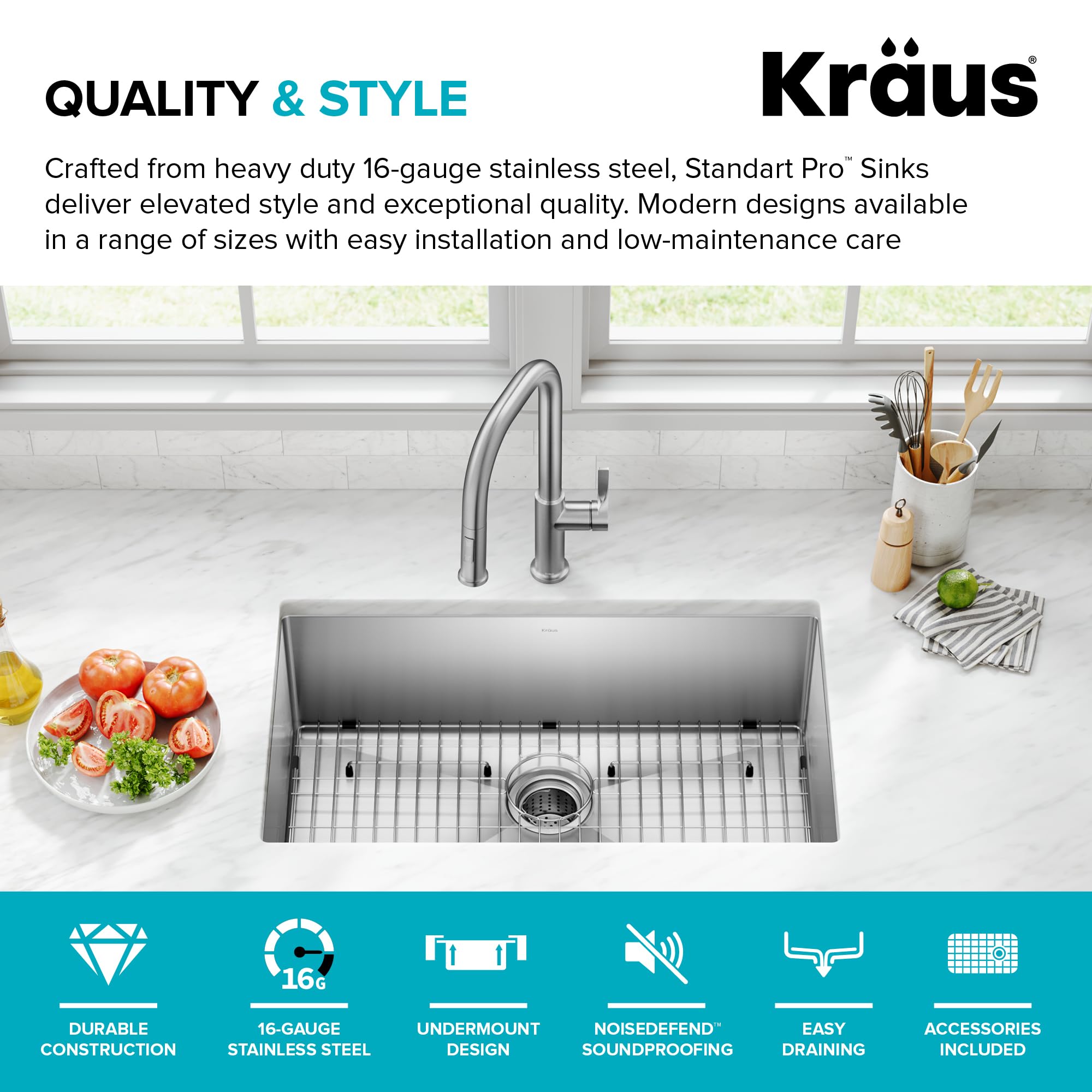KRAUS Standart Pro 30 -inch Undermount Single Bowl 16 Gauge Stainless Steel Kitchen Sink, KHU100-30