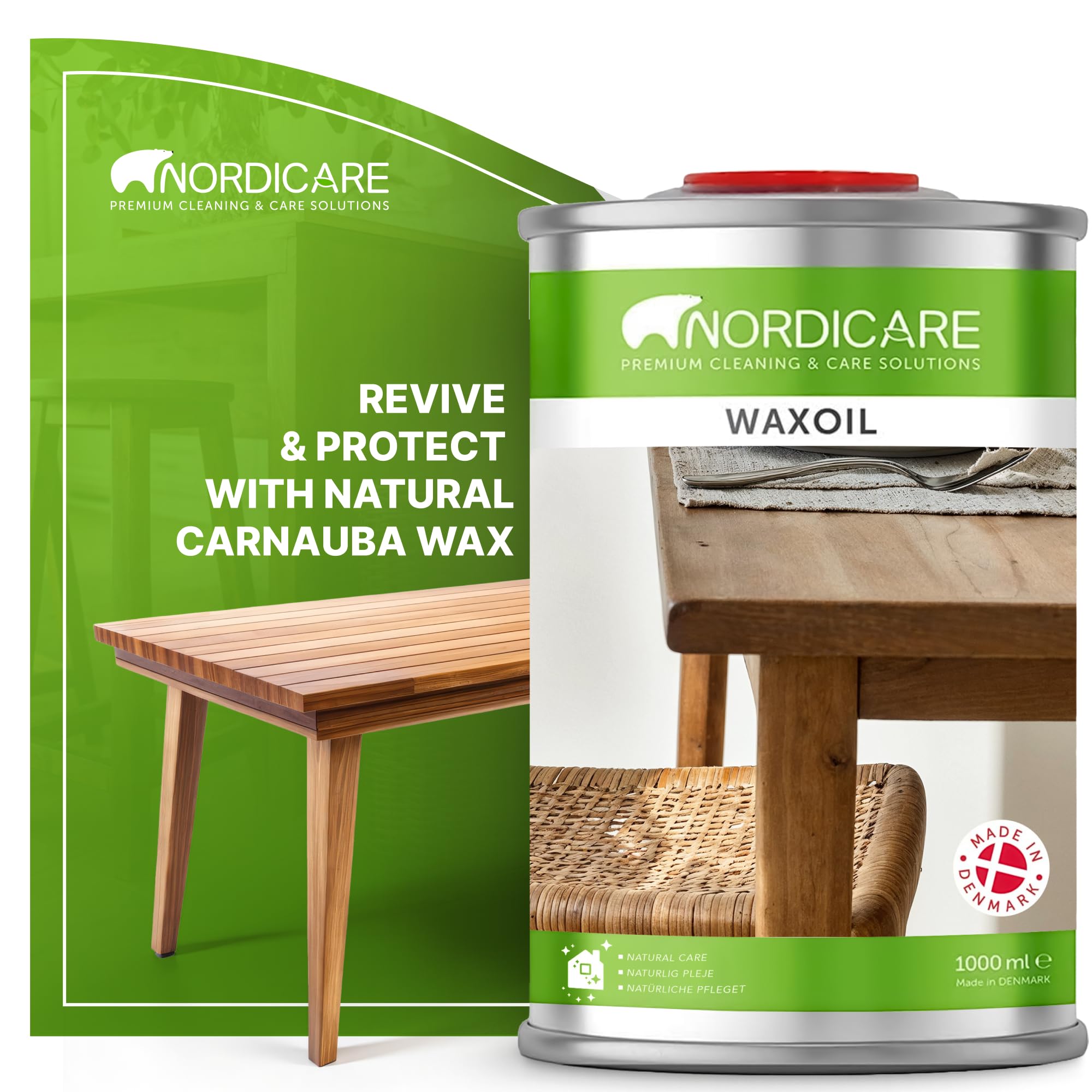 Nordicare Hard Wax Oil - Colourless Wood Finish - Wax Oil for Various Woods (Walnut, Oak, Mahogany, Dark Teak, Cherry) - Made in Denmark (1 L)