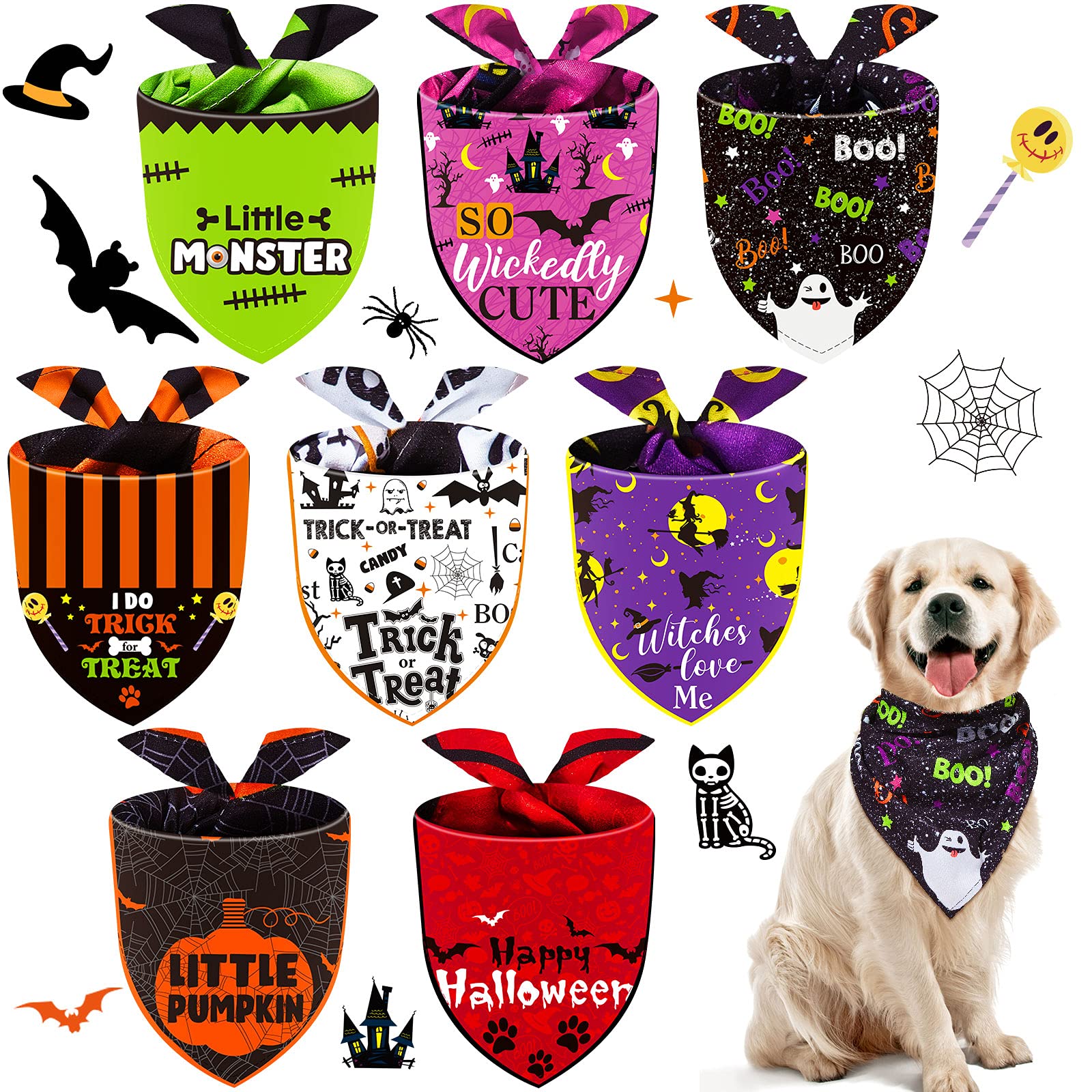 8 Pieces Halloween Dog Bandanas Pumpkin Bat Pet Scarf Dog Triangle Dog Scarf Adjustable Dog Bib Dog Scarf for Halloween Holiday Costume (Witch Pattern,Medium)
