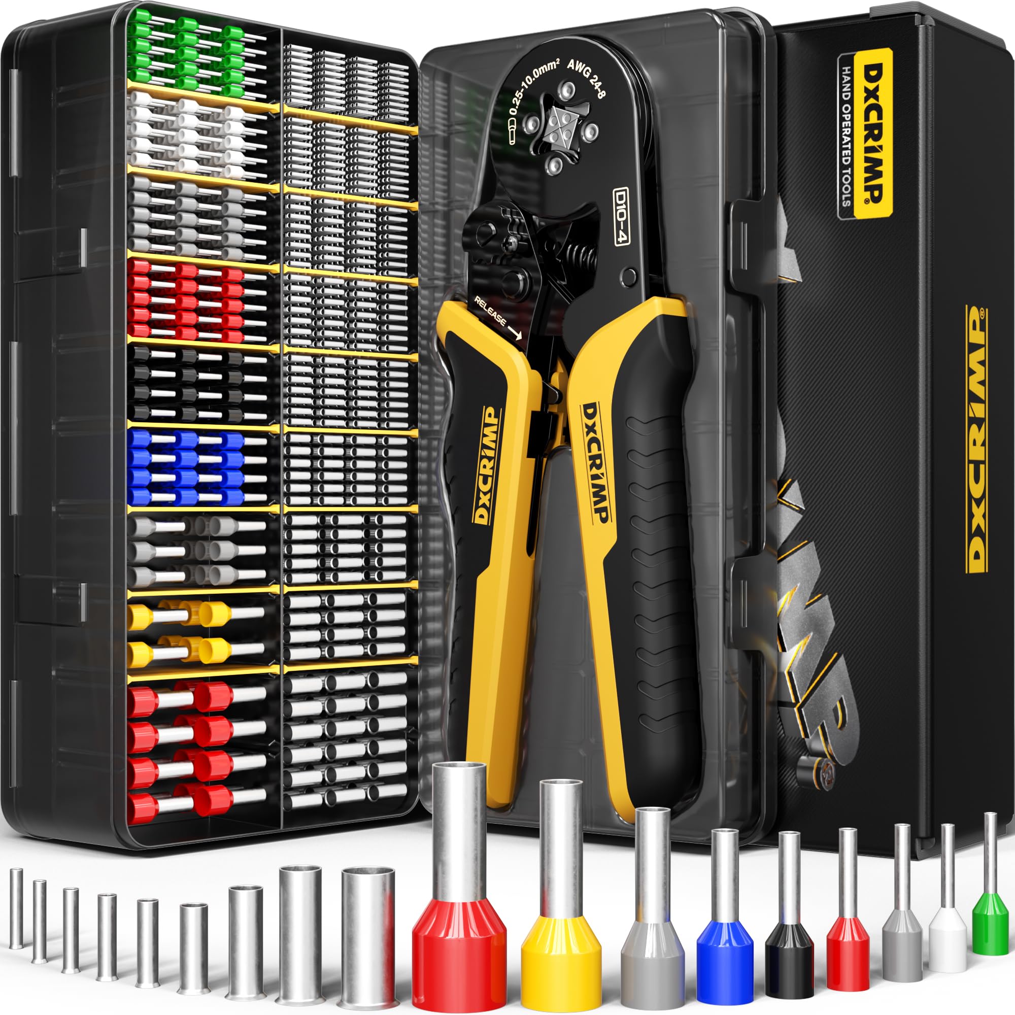 DxCRIMP Ferrule Crimping Pliers Set, with 18 Types Insulated and Non-Insulated Ferrules, 0.25-10mm²(AWG 22-8) Ferrule Crimping Tool Set - Wire End Ferrule Crimp Connectors - Electrician Tools - Crimps