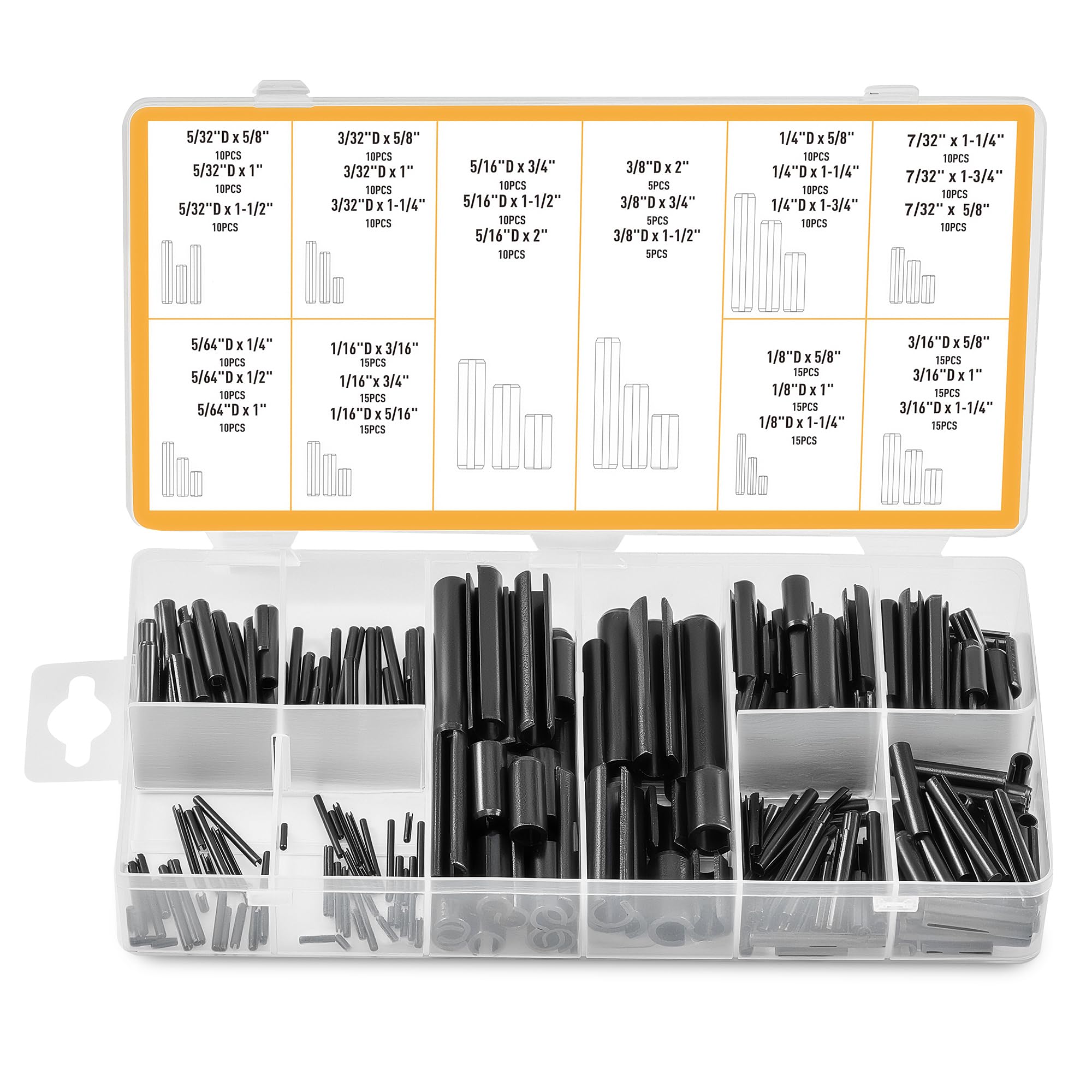 Photo 1 of ZELCAN 330Pcs SAE Roll Pin Assortment Kit, 10 Sizes Slotted Spring Pins 1/16 5/64 3/32 1/8 5/32 3/16 7/32 1/4 5/16 3/8 Inch, Heavy Duty Steel Split Expansion Pin Set for Automotive & Home Repair