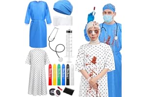 Cotwinter 15 Pcs Halloween Couples Costume Set Doctor Surgeon and Patient Bloody Costume Unisex Hospital Patient Gown for Men Women Couple Halloween Cosplay Party