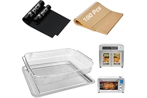 AODPWEN Air Fryer Accessories for Emeril Lagasse 26 Qt Extra Large & Everyday 360, Emeril Lagasse Air Fryer Basket and Pans for Oven with 100Pcs Disposable Parchment Paper, 4Pcs Reusable Teflon Mat