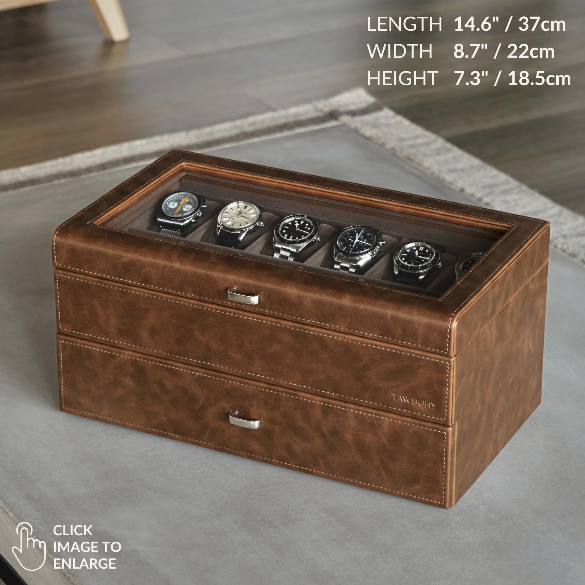 TAWBURY 24 Slot Watch Box for Men - Double-Layer Design for Optimized Storage | Removable Drawer for Easy Handling (Brown)