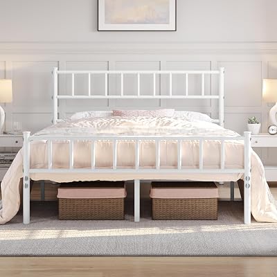 Yaheetech Double Metal Bed Frame 4ft6 with Headboard Footboard White