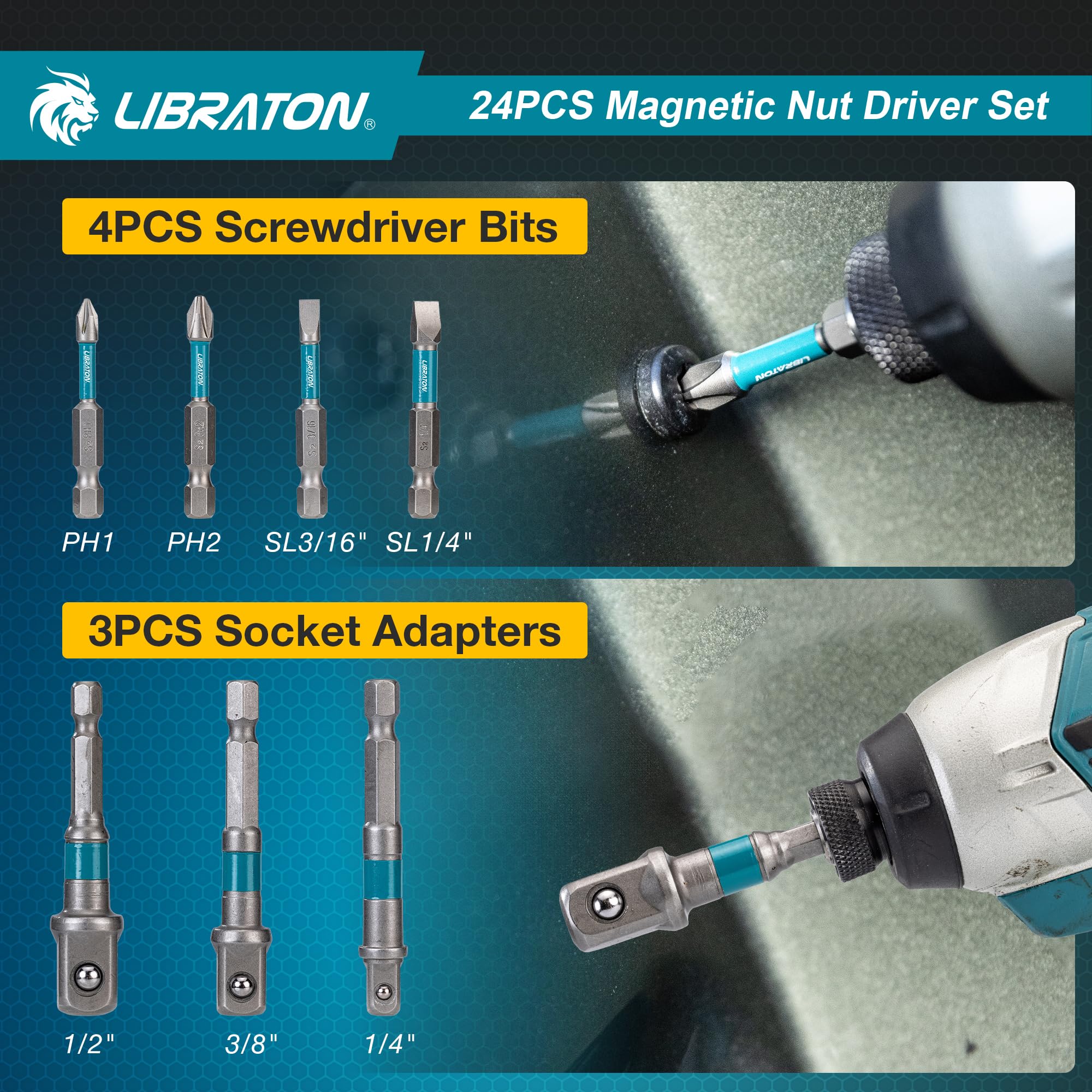 LIBRATON 24 Magnetisches Steckschlüssel-Set, Schlagbohrschrauber-Bit-Set 1/4 Zoll, Metrische und SAE Magnet Stecknuss für Schlagbohrmaschinen, Stecknuss Adapter, Bithalter, Bohrer, mit Werkzeugkasten 3