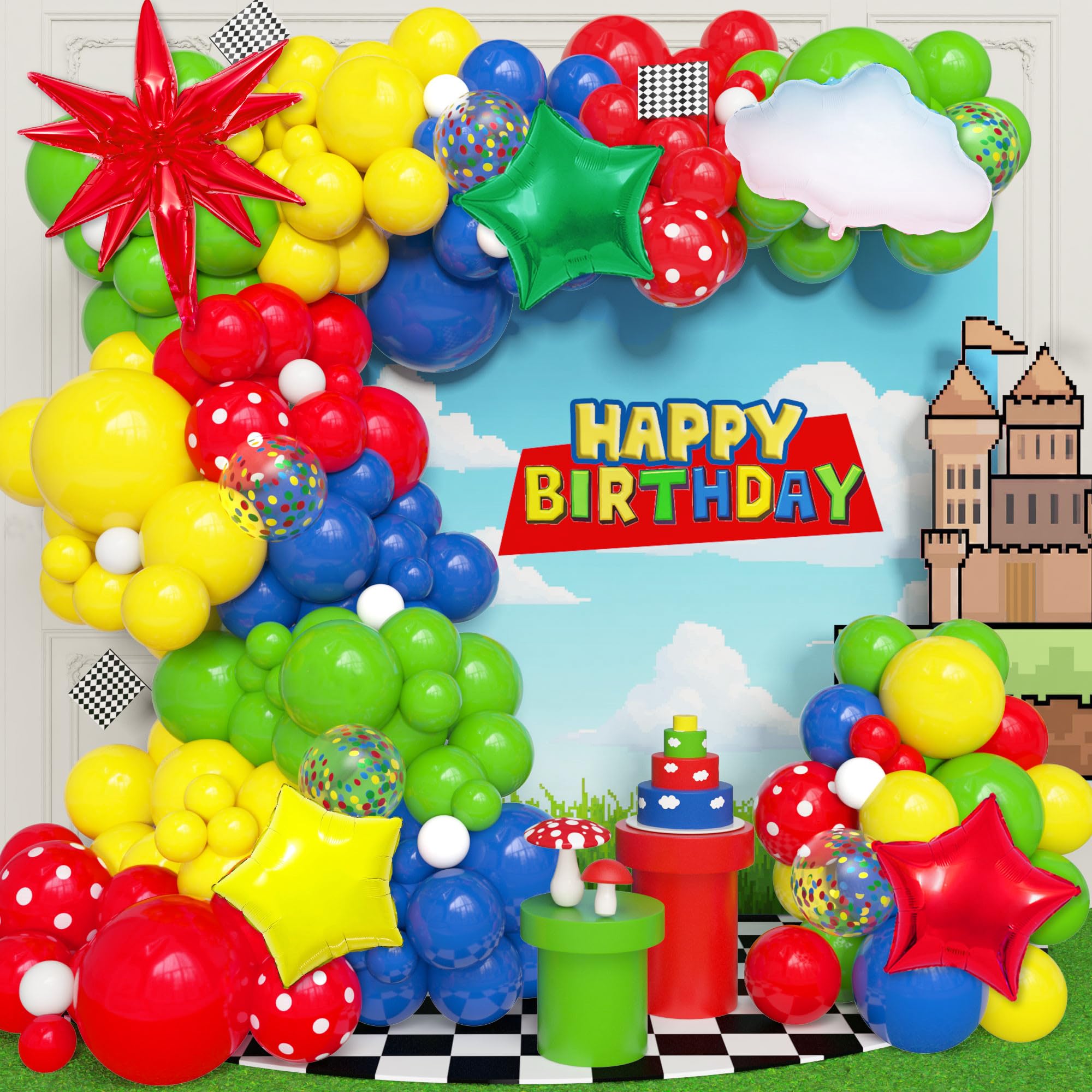 Photo 1 of Amandir 151Pcs Red Blue Green Yellow Balloons Arch Garland Kit, Foil Cloud Star Colorful Confetti Balloon for Kids Cartoon Birthday Decorations Baby Shower Carnival Circus Party Supplies