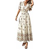 PRETTYGARDEN Womens Summer Boho Maxi Dress 2026 Trendy Short Sleeve V Neck Flowy Beach Floral Dresses with Pockets
