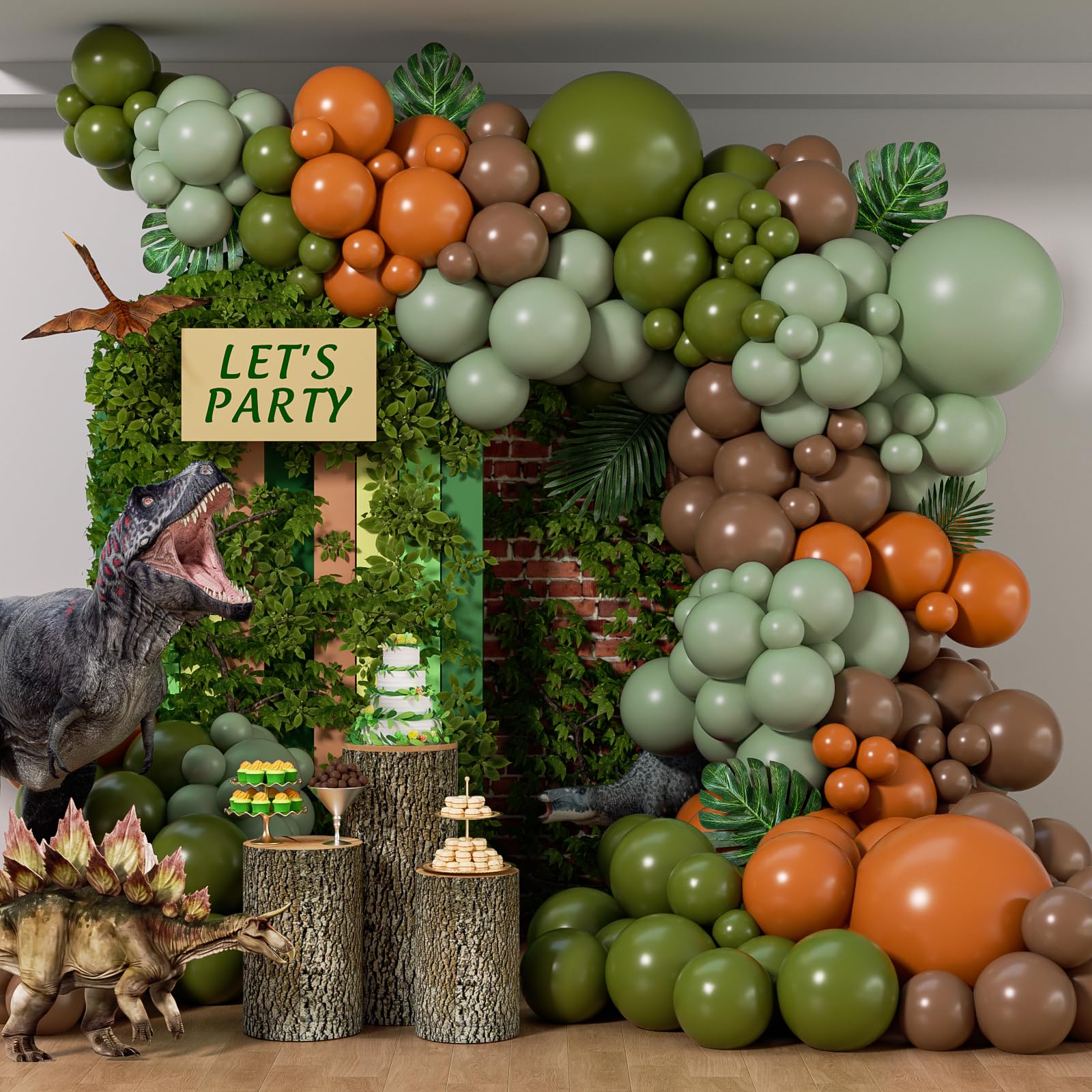 View 1 of 141pcs Dinosaur Balloon Garland Arch Kit, Brown Orange Sage Green Latxe Balloons for Jungle Safari Dinosaur Baby Shower Birthday Party Decorations