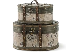 SLPR Alyssa Vintage Train Case - Set of 2, Antique Wooden Storage Boxes with Hinged Lids, Old Fashioned Decorative Wood Trunk, Memory Chest for Keepsakes and Home Décor