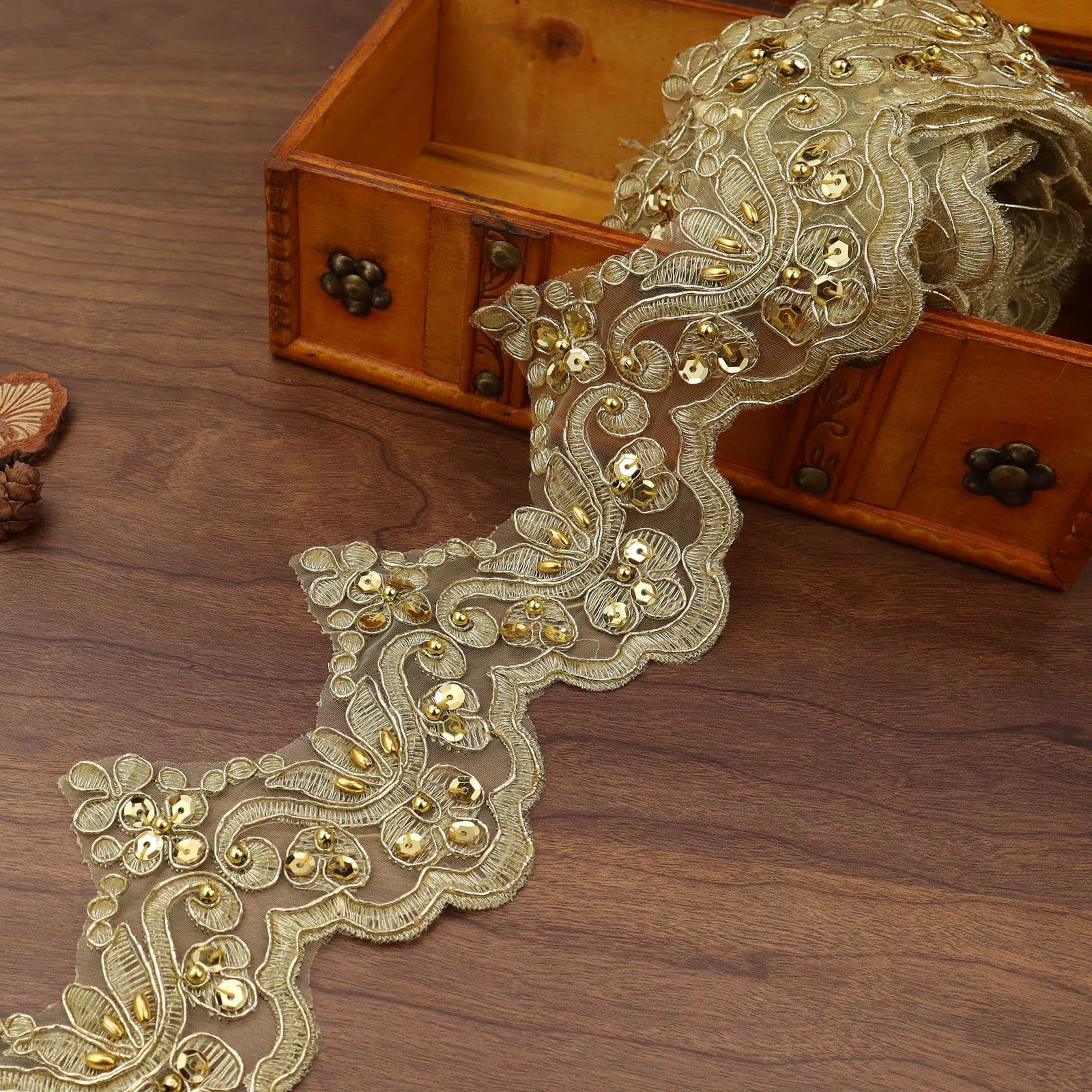Photo 1 of IDONGCAI Sequinned Gold Lace Trim Beaded Ribbon Vintage Decorative Wedding/Bridal Dresses DIY Craft Sewing Edging lace (3.6 inch Width 4.8 Yards)