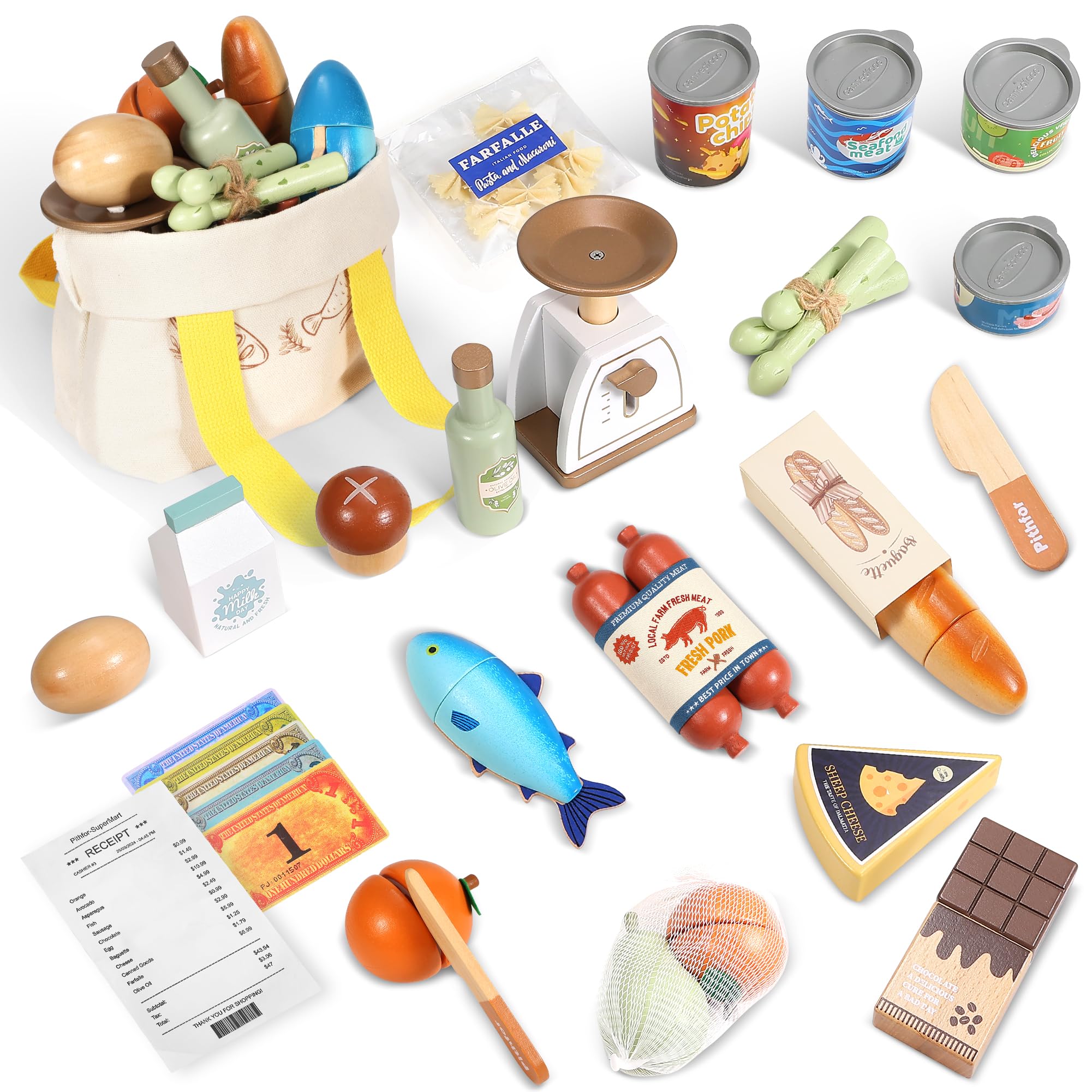 Photo 1 of Pithfor Wooden Play Food Set for Kids Toddlers, Grocery Store Pretend Play Food, Pretend Grocery Shopping & Play Kitchen Accessories for Boys Girls