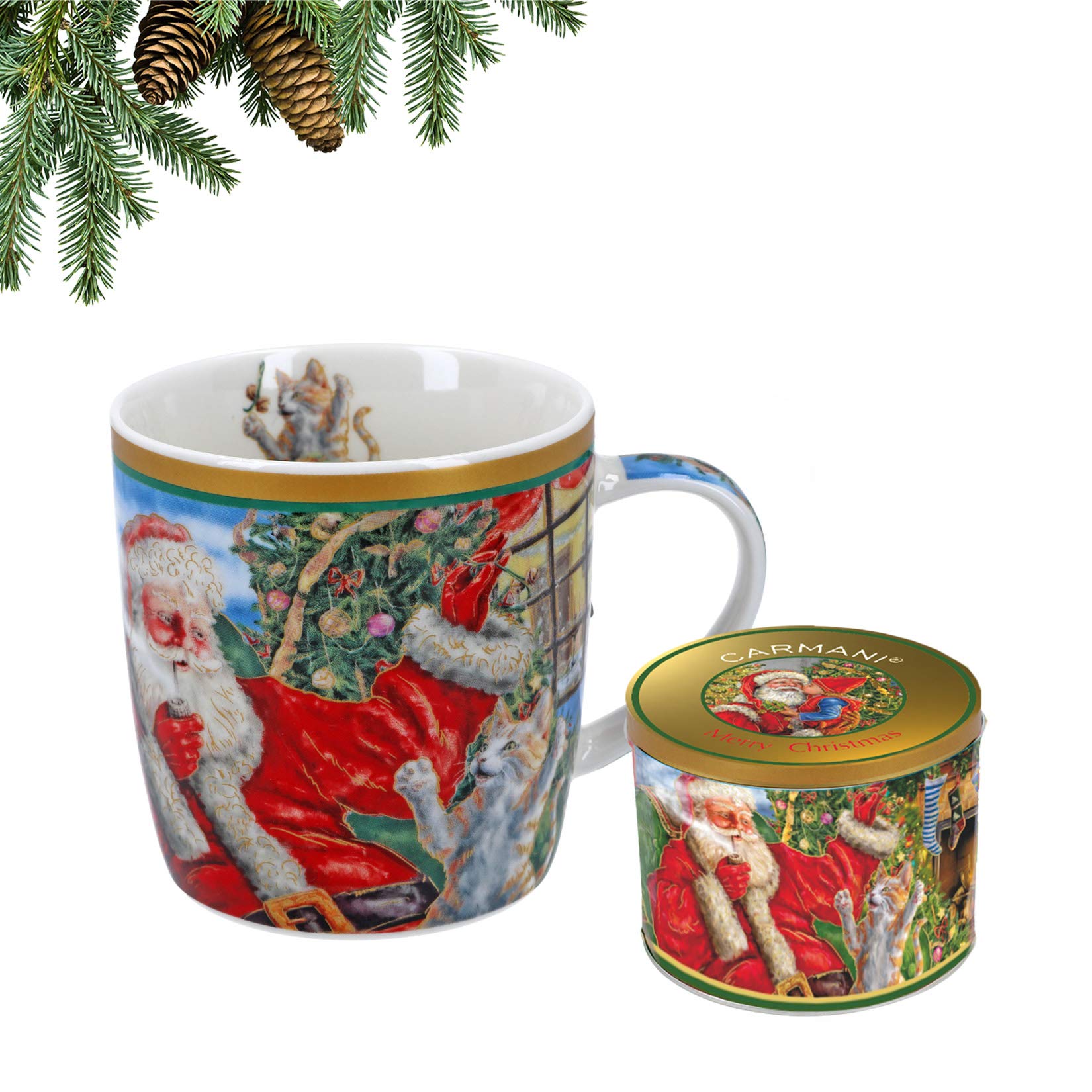CARMANI - Christmas Collection - Christmas Mug, Festive Porcelain Mug in tin Box - Santa Claus with Gifts, Christmas Tree - 450ml