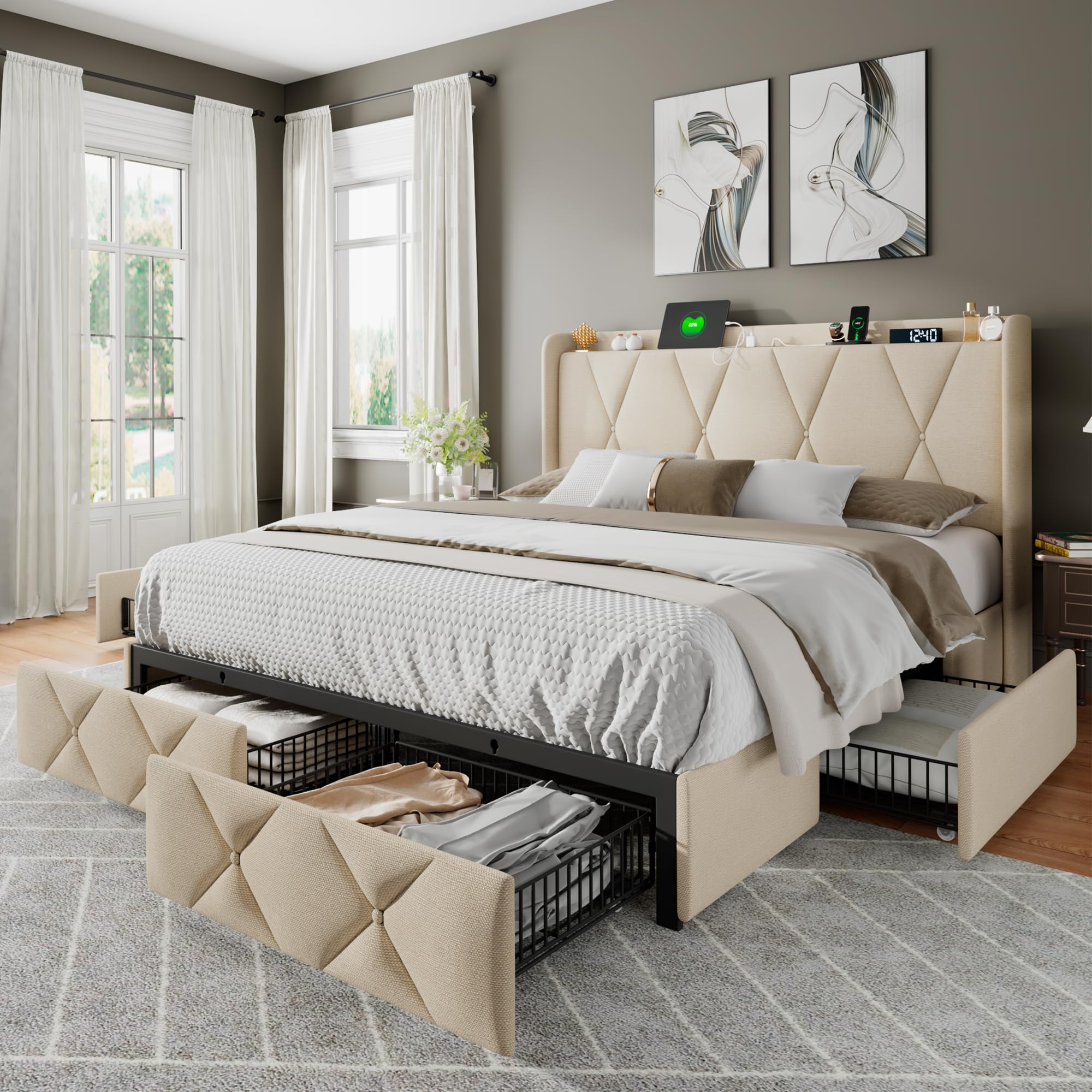 Photo 1 of Feonase Full Size Bed Frame with 4 Storage Drawers, Upholstered Platform Bed with Charging Station, Wingback Storage Headboard, Wooden Slats Support, No Box Spring Needed, Easy Assembly, Beige