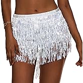 Zando Women's Belly Dance Hip Scarf Skirt Sparkly Tassel Disco Outfits Sequin Wrap Rave Costumes Fringe Skirt