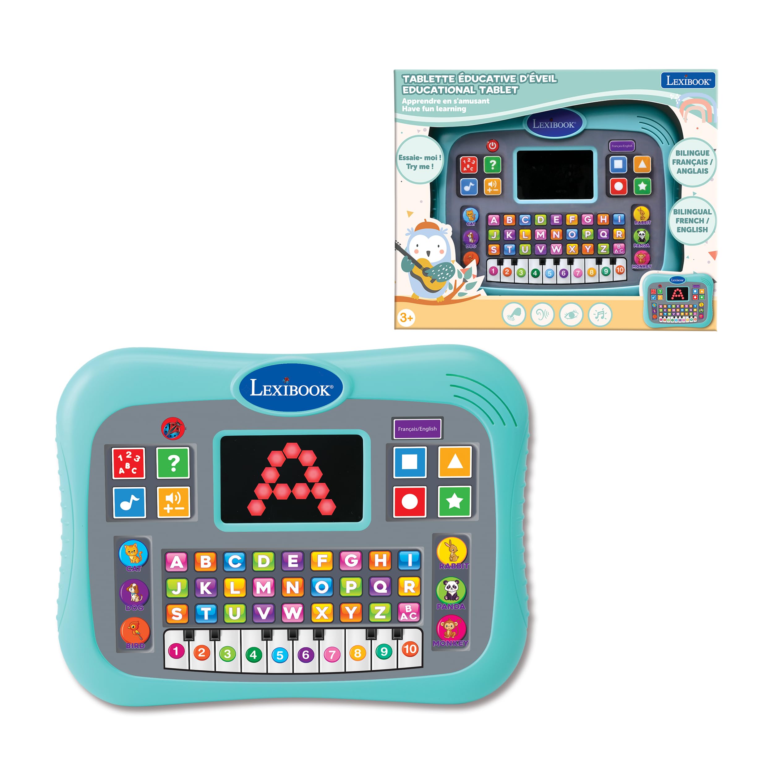 LEXIBOOK, Educational tablet, Bilingual ENGLISH/FRENCH, Talking tablet with screen to learn the alphabet, numbers and animals, Piano and interactive quiz modes, Blue, JCPAD007i1