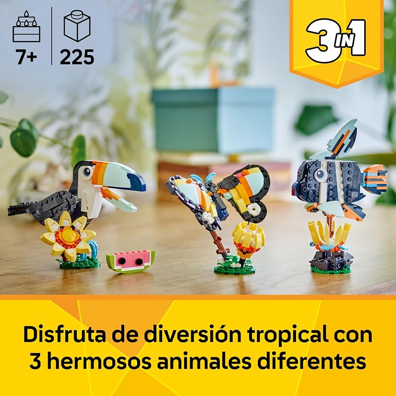 Criador 3 em 1 Vida Selvagem: Tucano Tropical com Flor - Animal de brincar Transformável em Figura Borboleta ou Peixe Tropical - Presente Criativo para Rapazes e Raparigas 7+ Anos 31173