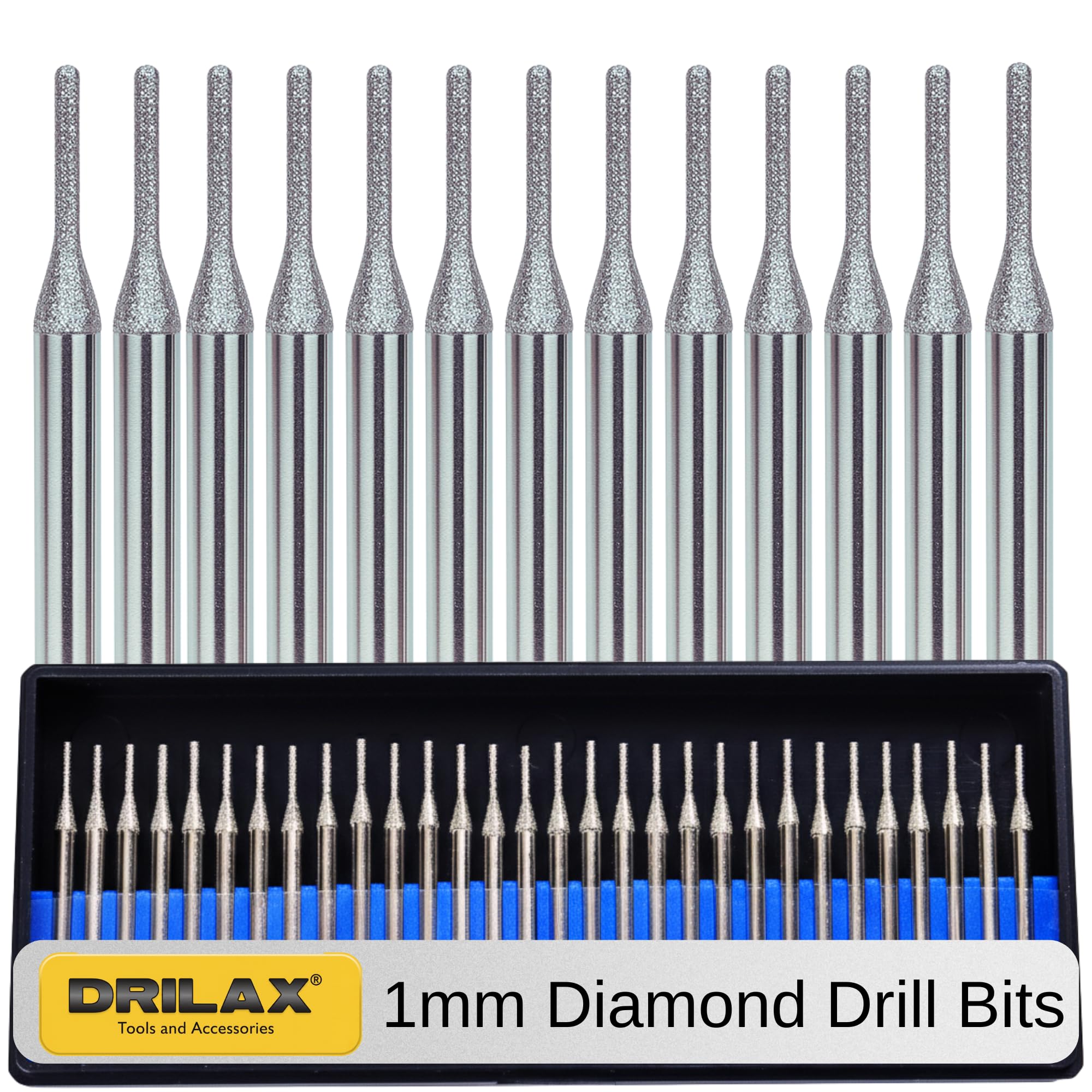1mm Diamond Drill Bit Set 30 pcs Compatible with Dremel Cylindrical Burr Kit Jewelry Beach Sea Glass Shells Gemstones Lapidary 30pcs. Case Included — image 1