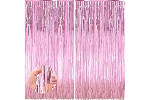 Keyali 2 Pack 3.3 * 8.3 ft Foil Curtain Metallic Tinsel Fringe Curtains Photo Booth Props Backdrop for Birthday Wedding Engagement Baby Shower Christmas Holiday Celebration Party Streamer Girl,Pink