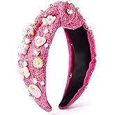 Y1tvei Candy Pink Knotted Headband - Heart Star Flower Bow Lollipop Rainbow Jeweled Rhinestone Crystal Pearl Embellished Knotted Head Wear Wide Top Knot Hair Accessory for Women Toddler Girls Fashion