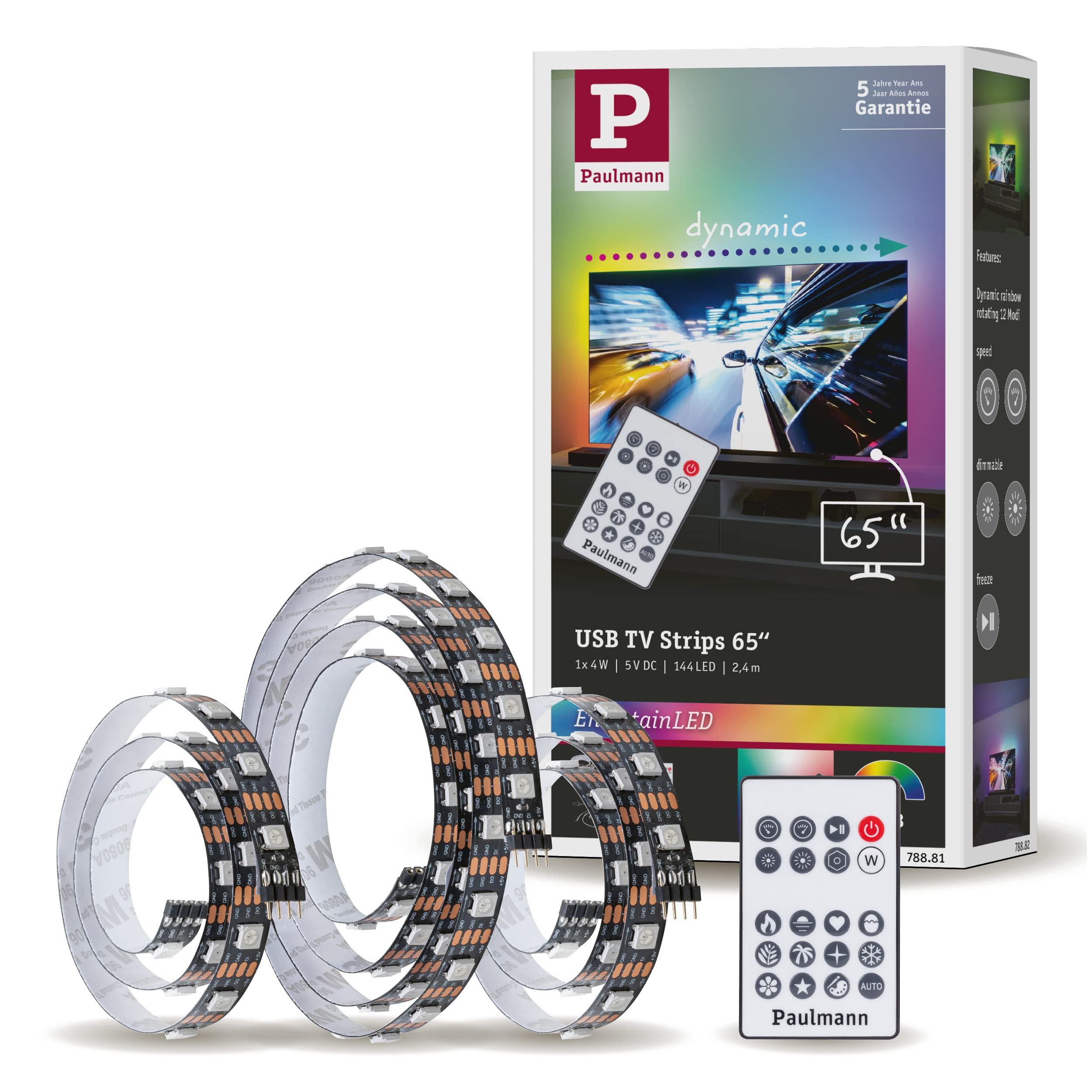Paulmann 78881 LED Stripe USB TV Lighting 65 Inch - 60 LEDs/m Dynamic Rainbow RGB incl. 1 x 4 Watt Dimmable Light Strip, Plastic, Black, 2.4 m
