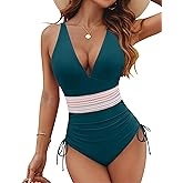 Blooming Jelly Women Tummy Control Swimsuits One Piece Slimming Modest Bathing Suit Color Block Drawstring Swim Suits
