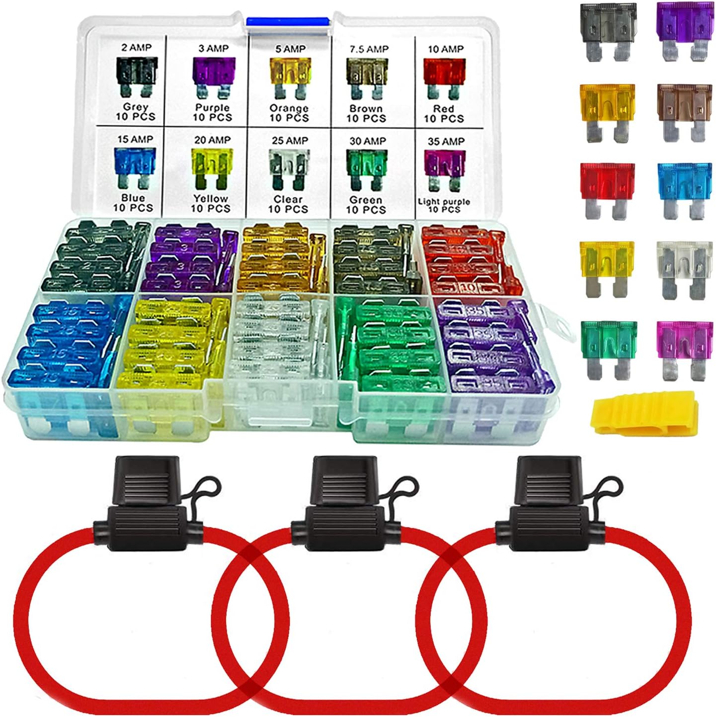 MuHizeFuses with Fuse Holders, Upgraded 100 Pcs Car Standard Blade Fuse Assorted Kit, 3 Inline 12 Gauge APR ATO ATC Fuses with Puller Tool, Replacement for Boat Truck SUV RV