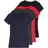 4 Pack Zenana Women's Basic V-Neck T-Shirts Large Black, Charcoal, Navy, Red