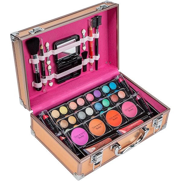 SHANY CARRY ALL MAKE UP TRAIN CASE WITH PRO MAKEUP SET, BEAUTY BRUSHES, LIPSTICKS, EYE SHADOWS, BLUSHES, POWDERS, AND MORE – REUSABLE COSMETICS STORAGE ORGANIZER – PREMIUM GIFT PACKAGING – ROSE GOLD