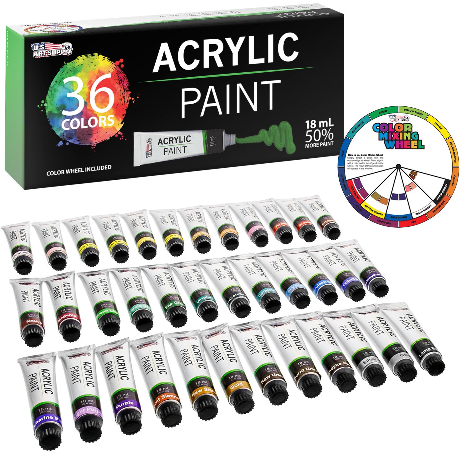 Professional 36 Color Art Acrylic Paint Set, 18ml Tubes, Artist Student